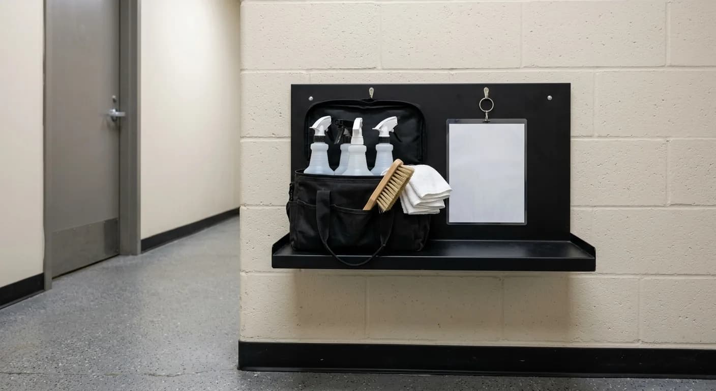 Wall-mounted spotting station with an open kit bag, unlabelled bottles, towels and a blank laminated card