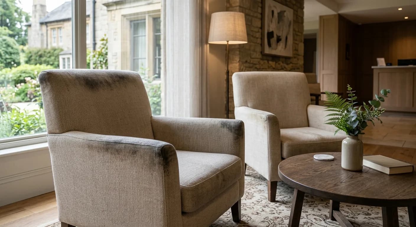 Hotel lobby armchair showing darker soiling on the arms and headrest against lighter upholstery