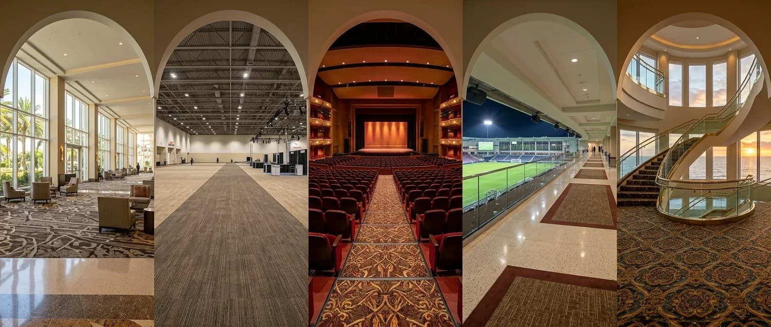Five South Florida venue interiors seen through arched openings: a hotel lobby, a convention centre exhibit hall, a theatre auditorium, a stadium club concourse and a cruise ship atrium, every floor freshly cleaned
