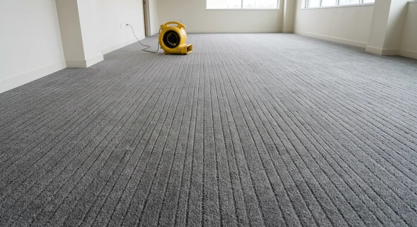 Freshly groomed commercial carpet with even parallel nap lines and an air mover drying the floor