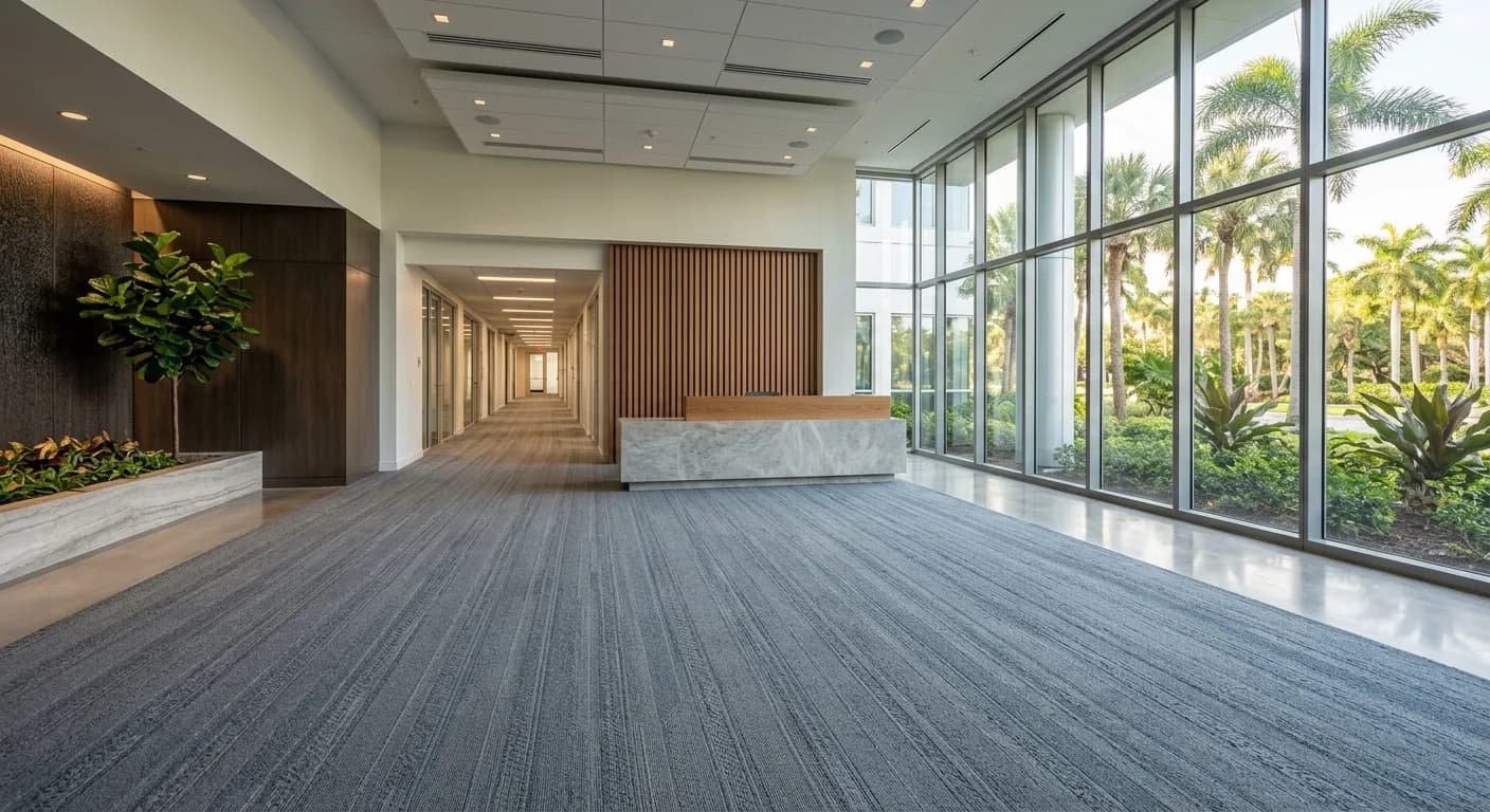 Lobby and corridor of a commercial office building with patterned broadloom carpet showing fresh vacuum lines