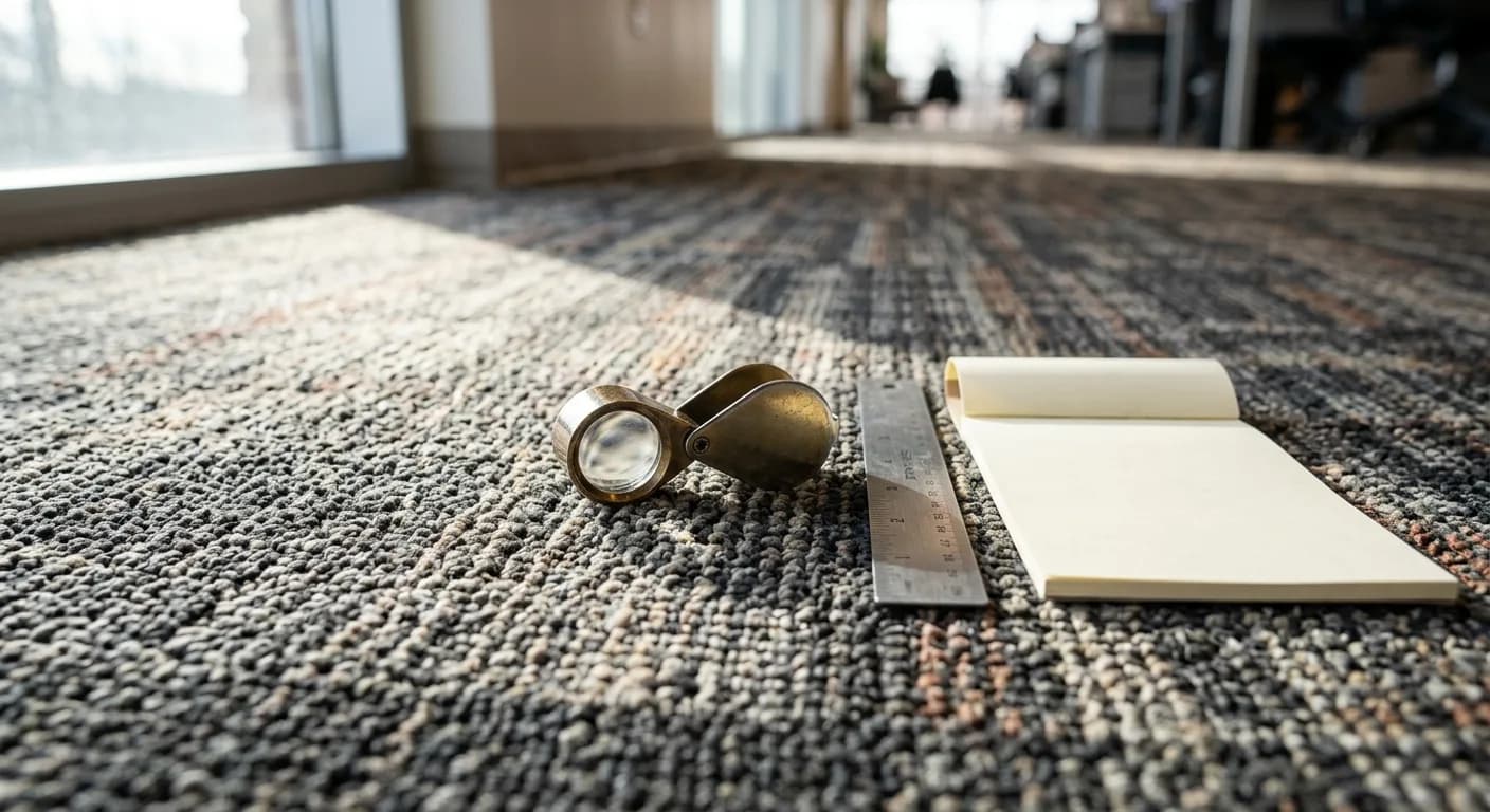 Magnifying loupe, ruler and blank notepad resting on patterned wool carpet during an inspection
