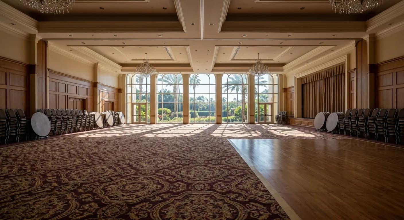 Empty hotel ballroom with freshly groomed patterned carpet and stacked banquet furniture against the walls