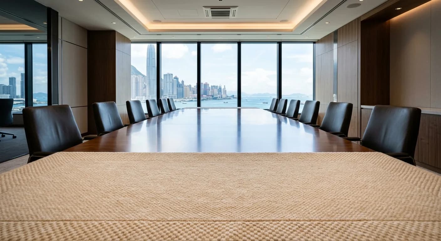 Executive boardroom with a cream woven wool carpet and city view through floor-to-ceiling windows