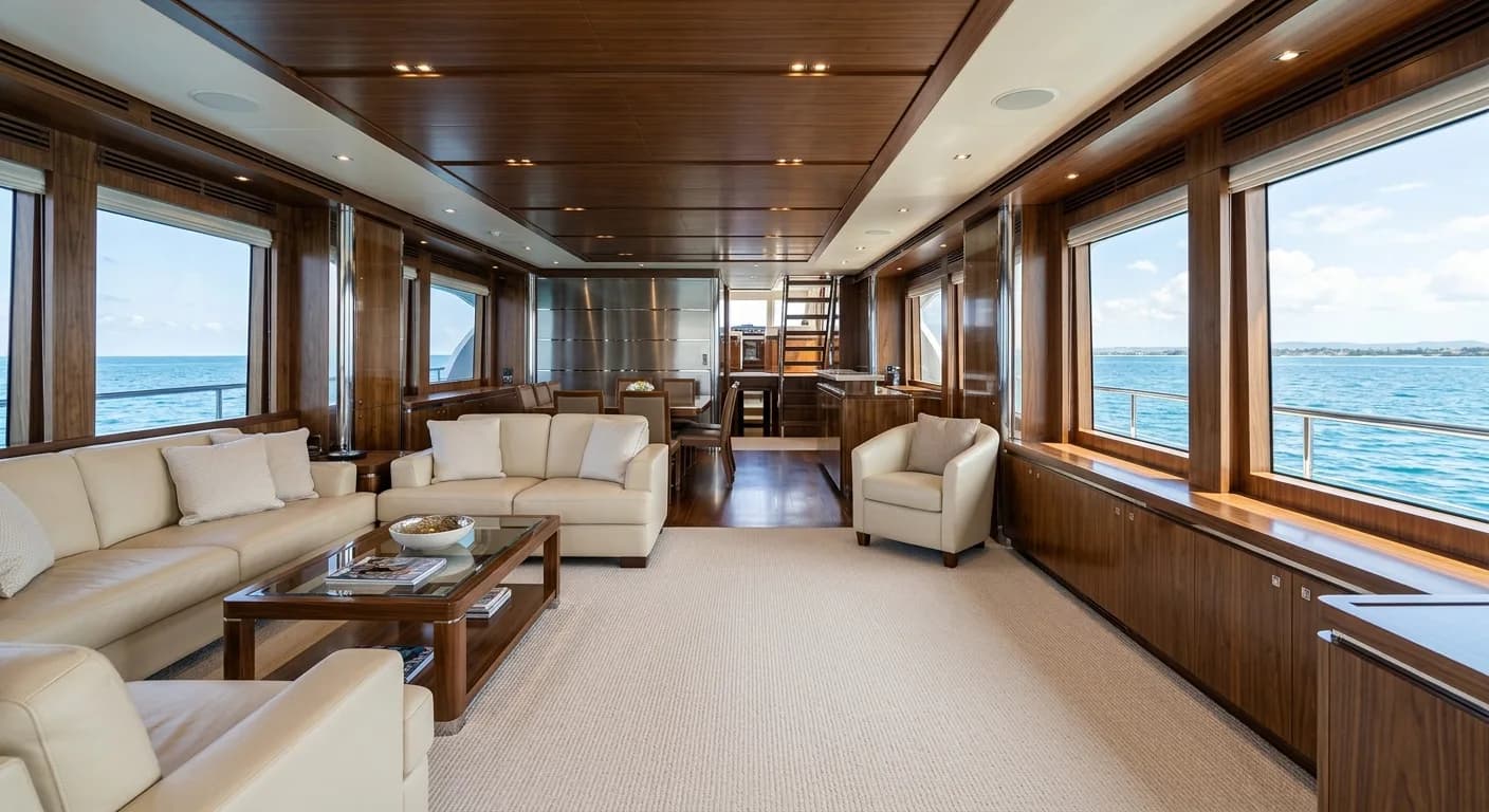 Main saloon of a luxury motor yacht with a pale wool carpet and blue water visible through the windows