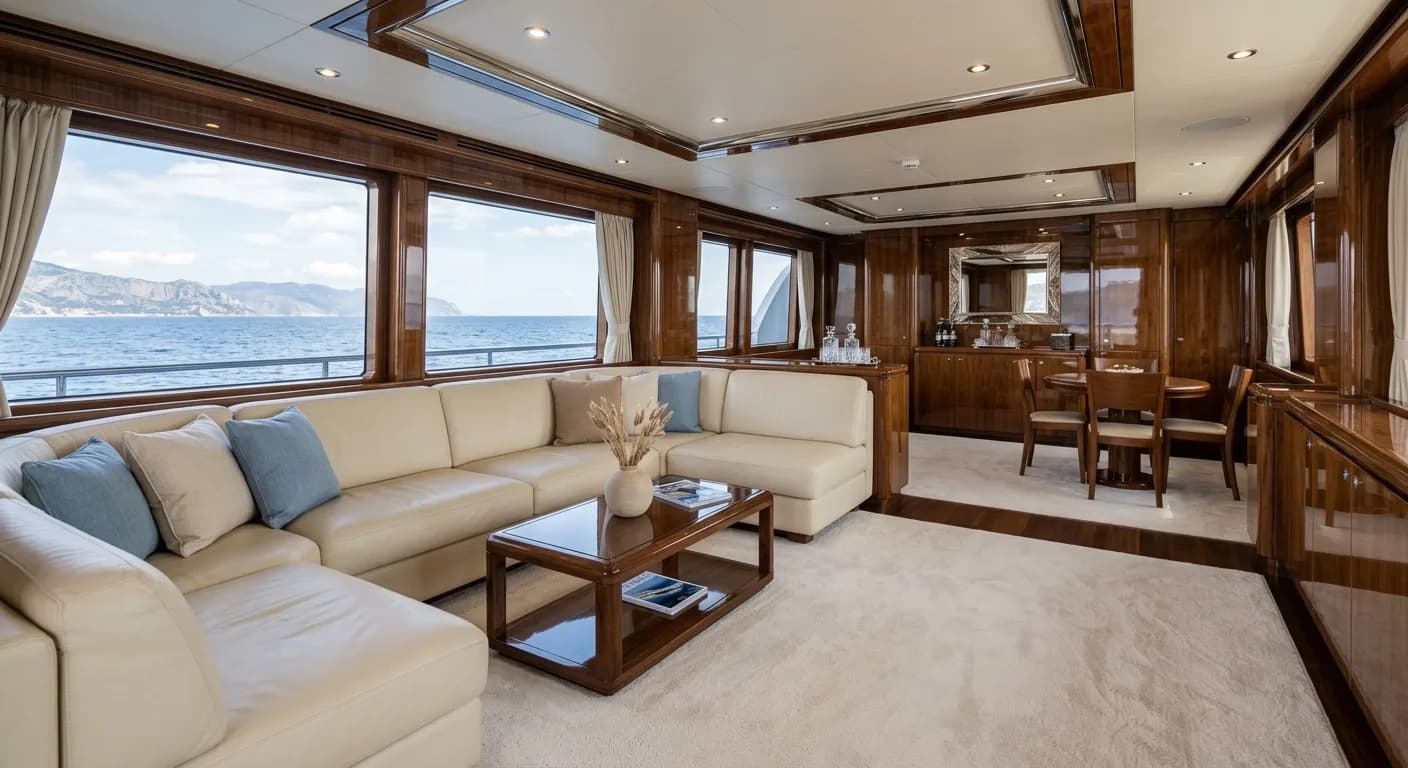 Main saloon of a motor yacht with a pale wool carpet, cream leather seating and open water through the windows