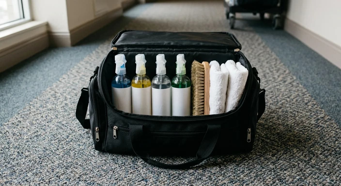 Open spotting kit bag on commercial carpet containing unlabelled bottles, a brush and folded white towels