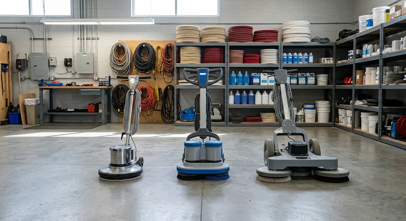Three commercial carpet cleaning machines standing in a row in an equipment store room