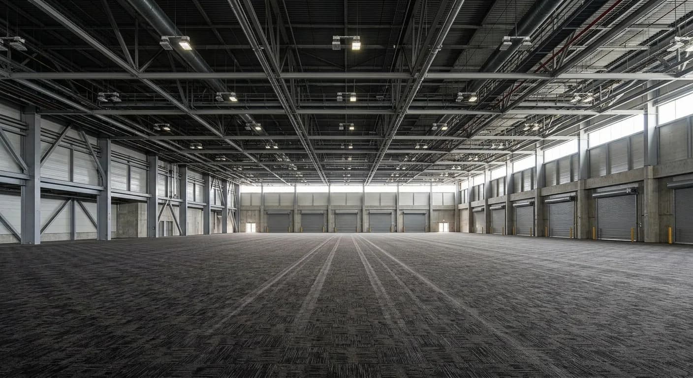Vast empty convention centre exhibition hall with long parallel cleaning tracks across the carpet