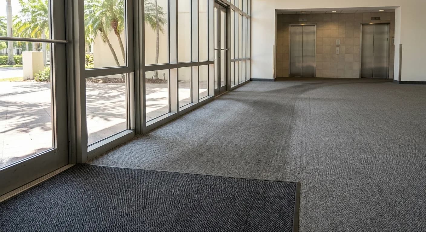 Building entrance with a walk-off mat and a visibly darker worn traffic lane running from the doors toward the lifts