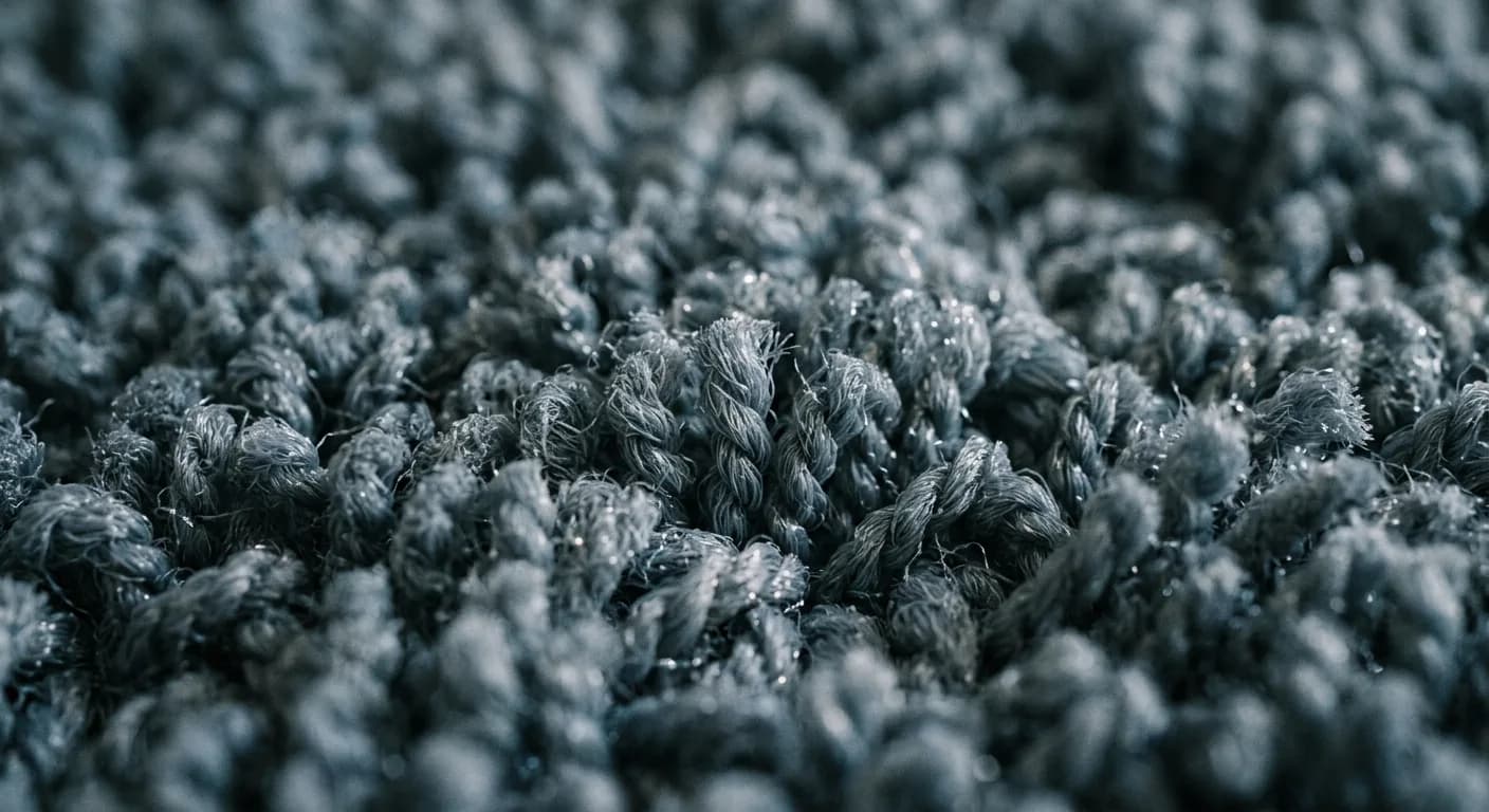 Extreme close-up of commercial carpet fibres with a dry crystalline residue catching the light