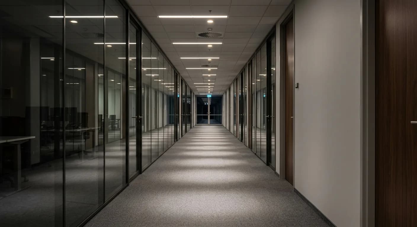 Empty office corridor at night with freshly cleaned low-pile commercial carpet tile