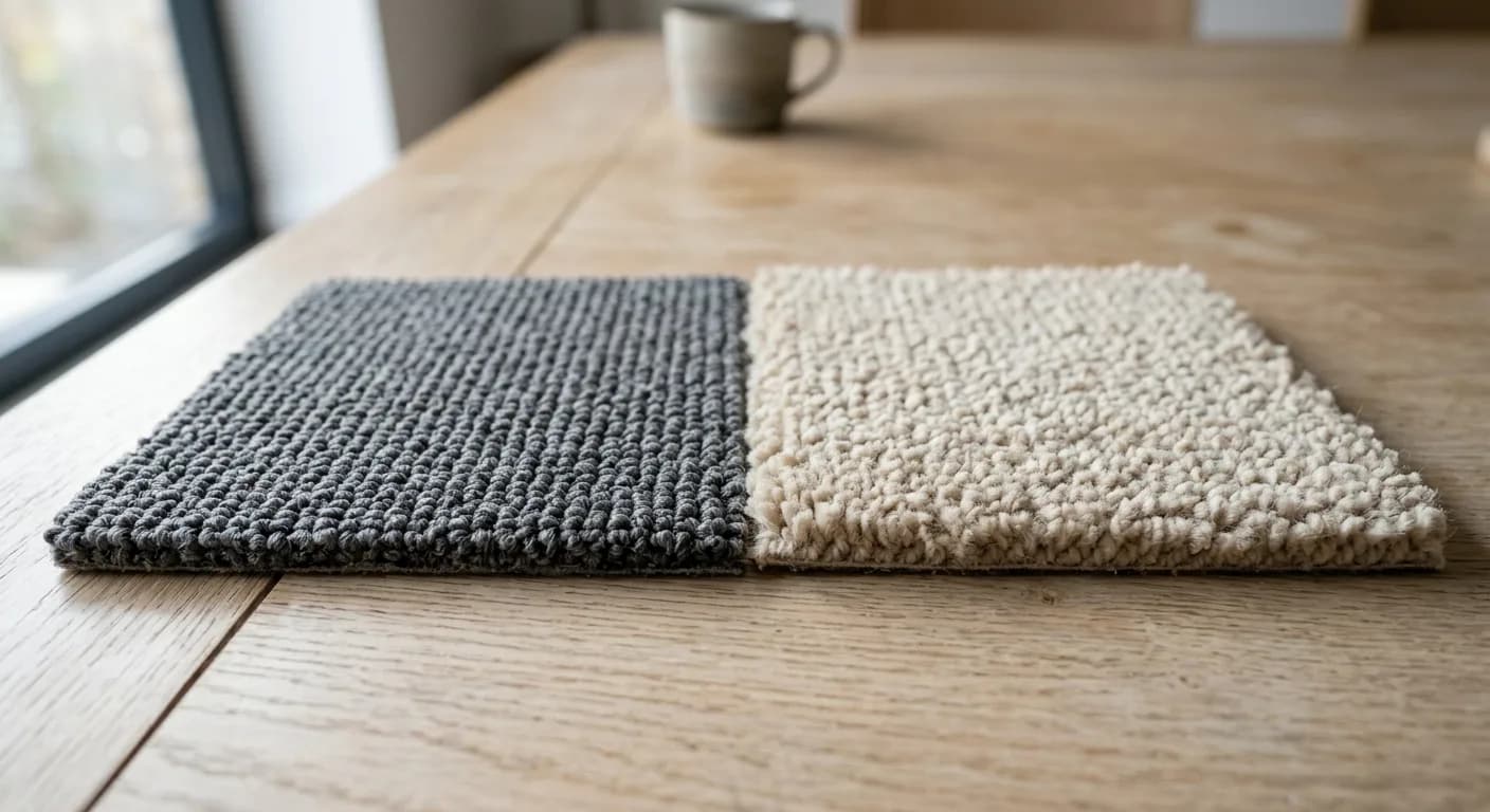 Grey commercial nylon loop pile and cream woven wool carpet samples side by side showing their different textures