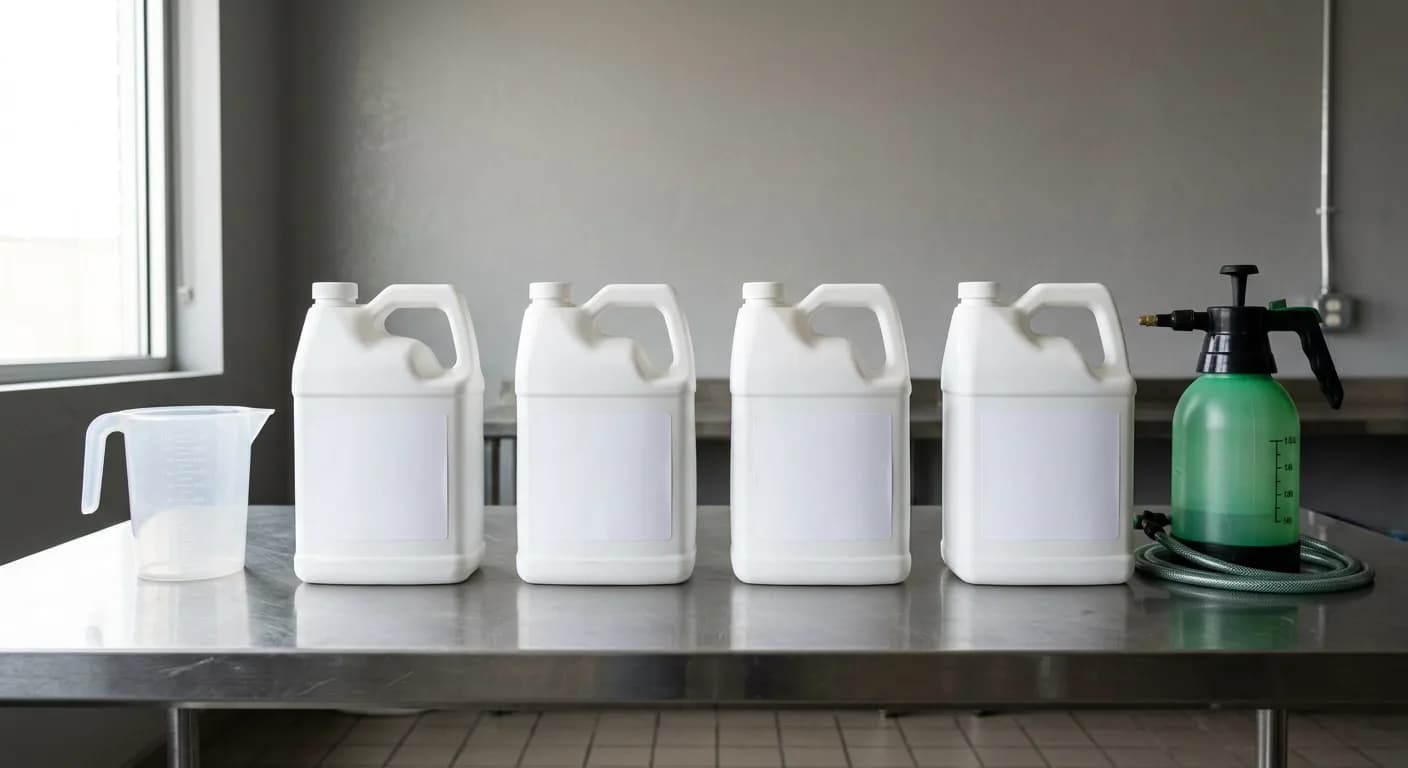 Row of unlabelled cleaning chemical containers with a measuring jug and pump sprayer on a stainless steel counter