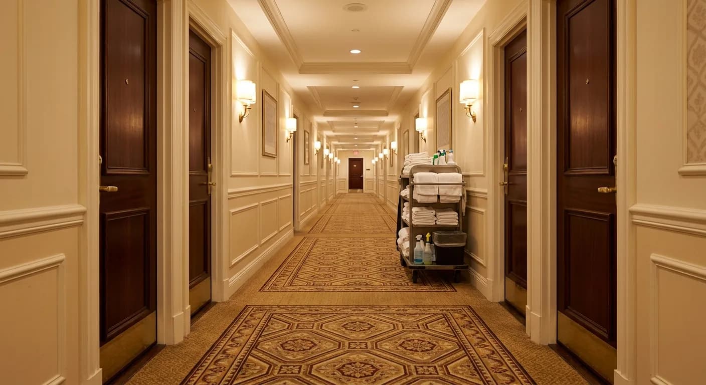 Long hotel guest corridor with patterned carpet, warm sconces and a housekeeping trolley against the wall