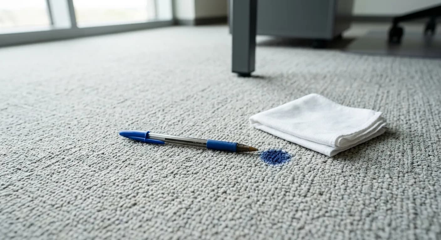 Uncapped ballpoint pen and a small ink mark on pale commercial carpet with a folded white cloth beside it