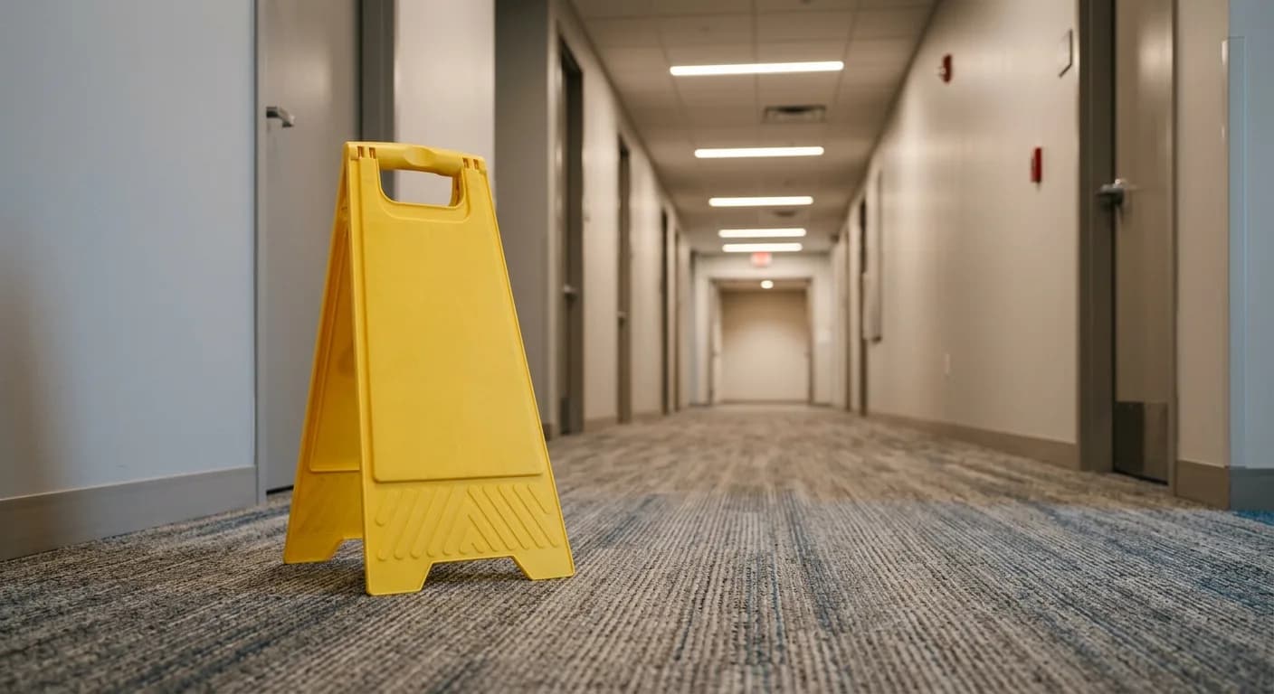 Plain yellow folding caution sign standing on carpet in an empty office corridor