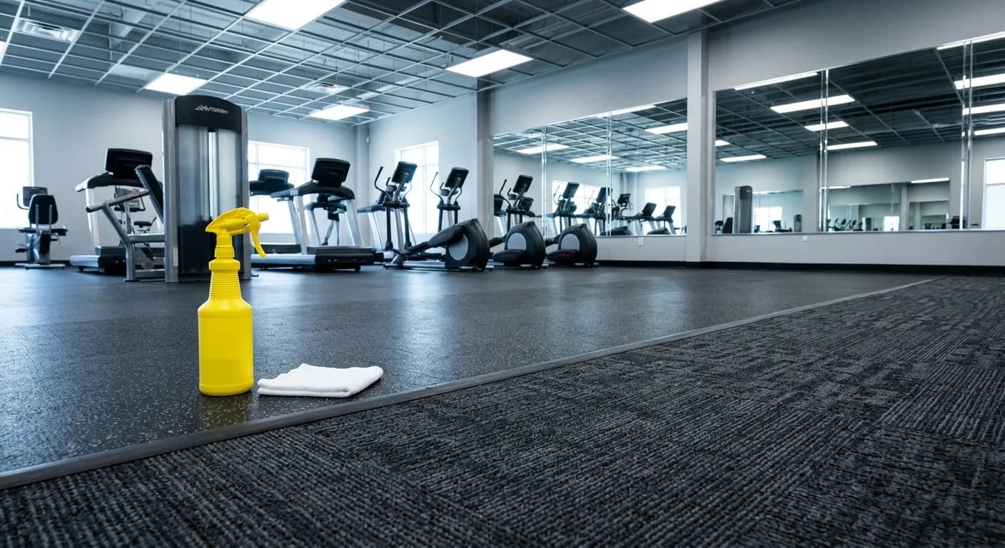 Commercial gym floor where carpet meets rubber flooring, with a spray bottle standing on the carpet