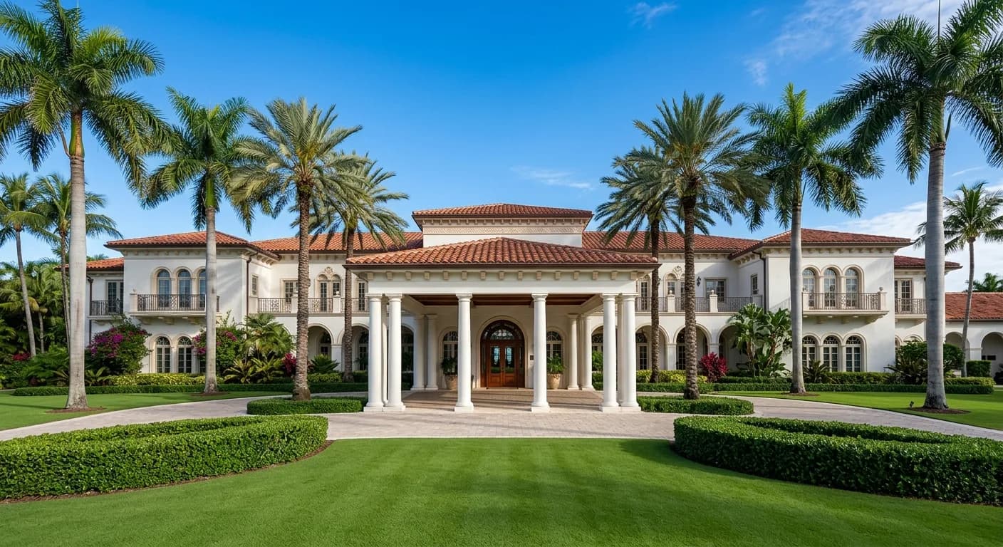 Low-rise South Florida resort building with a columned portico entrance and royal palms