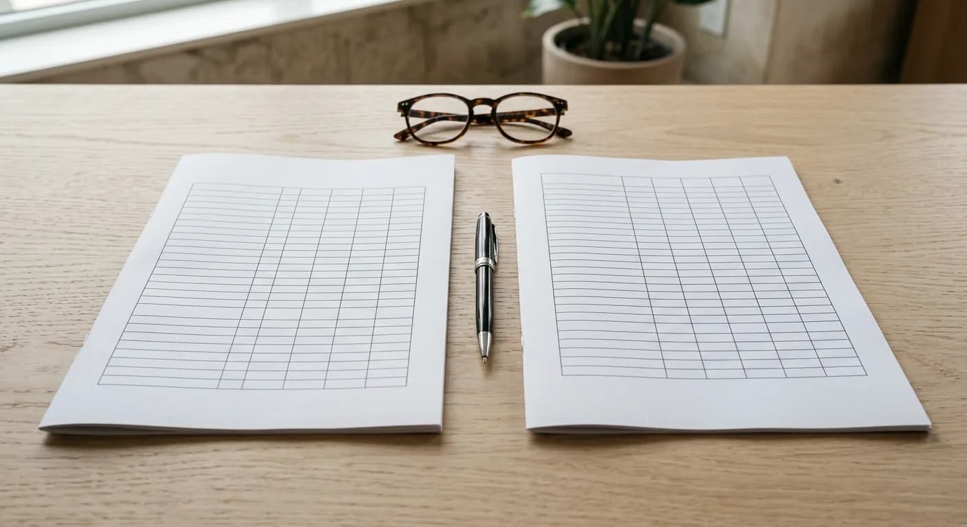 Two blank printed proposal documents side by side on a desk with a pen between them