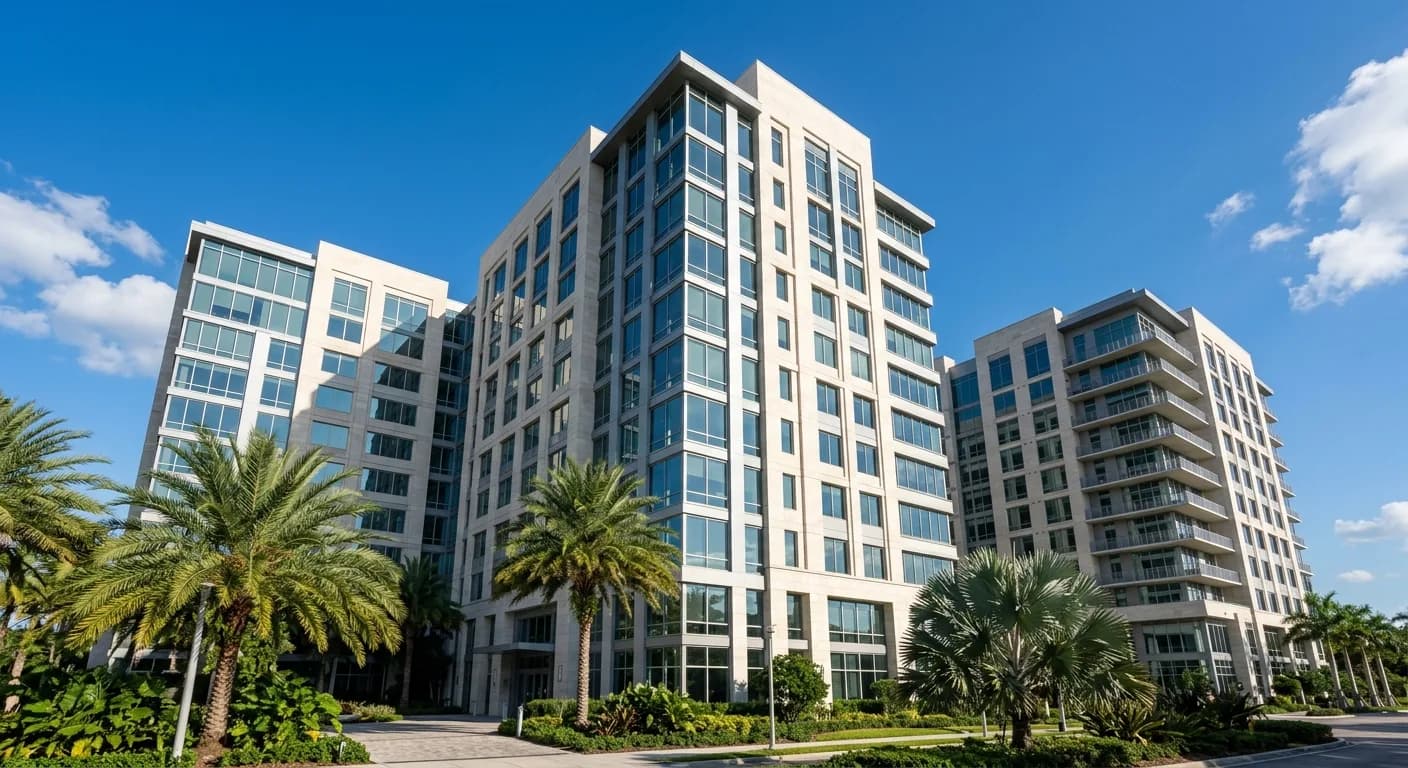 Three modern mid-rise commercial buildings clustered together under a bright Florida sky