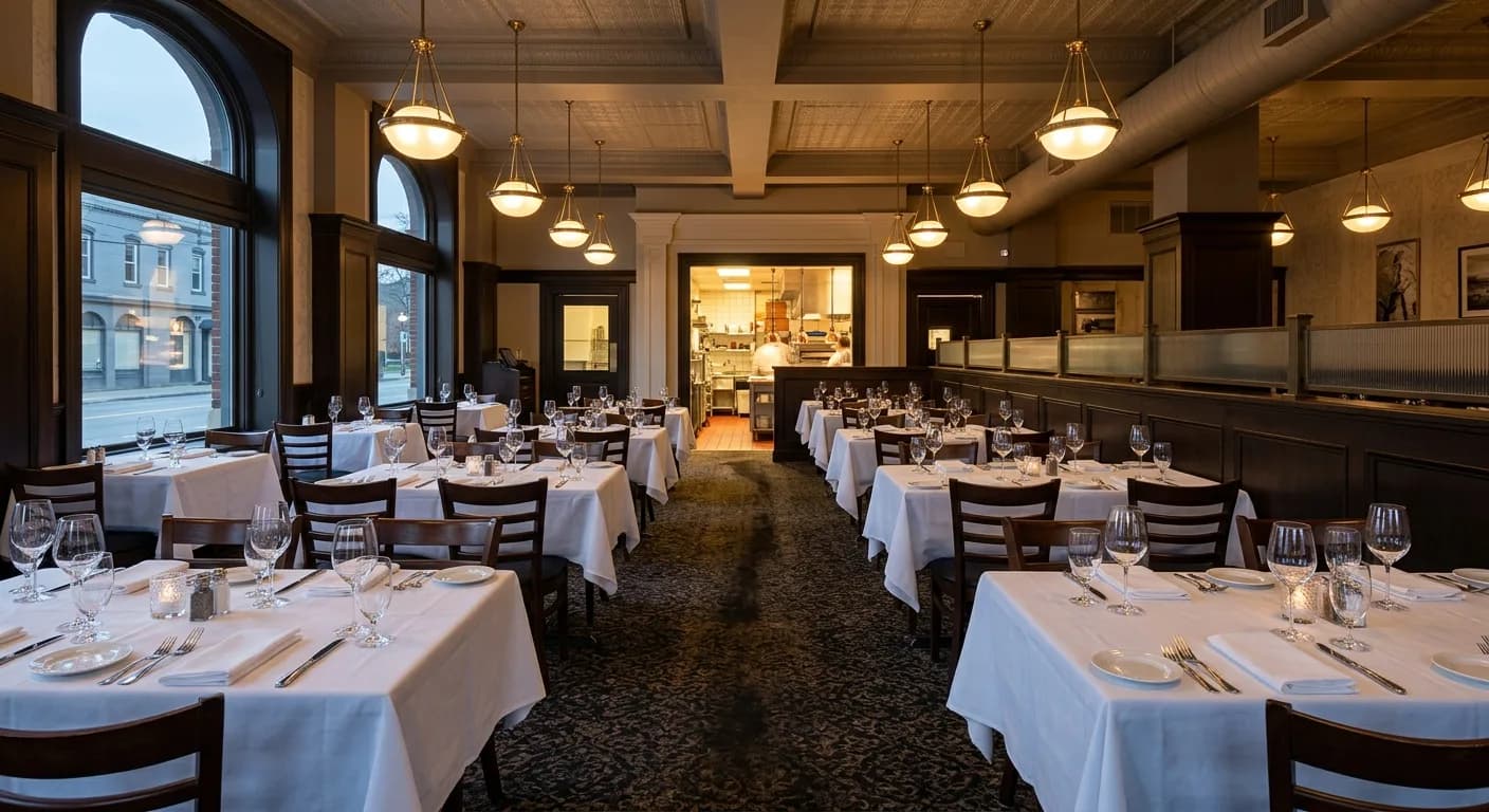 Empty restaurant dining room with a visibly darker traffic route running across the carpet from the kitchen doorway