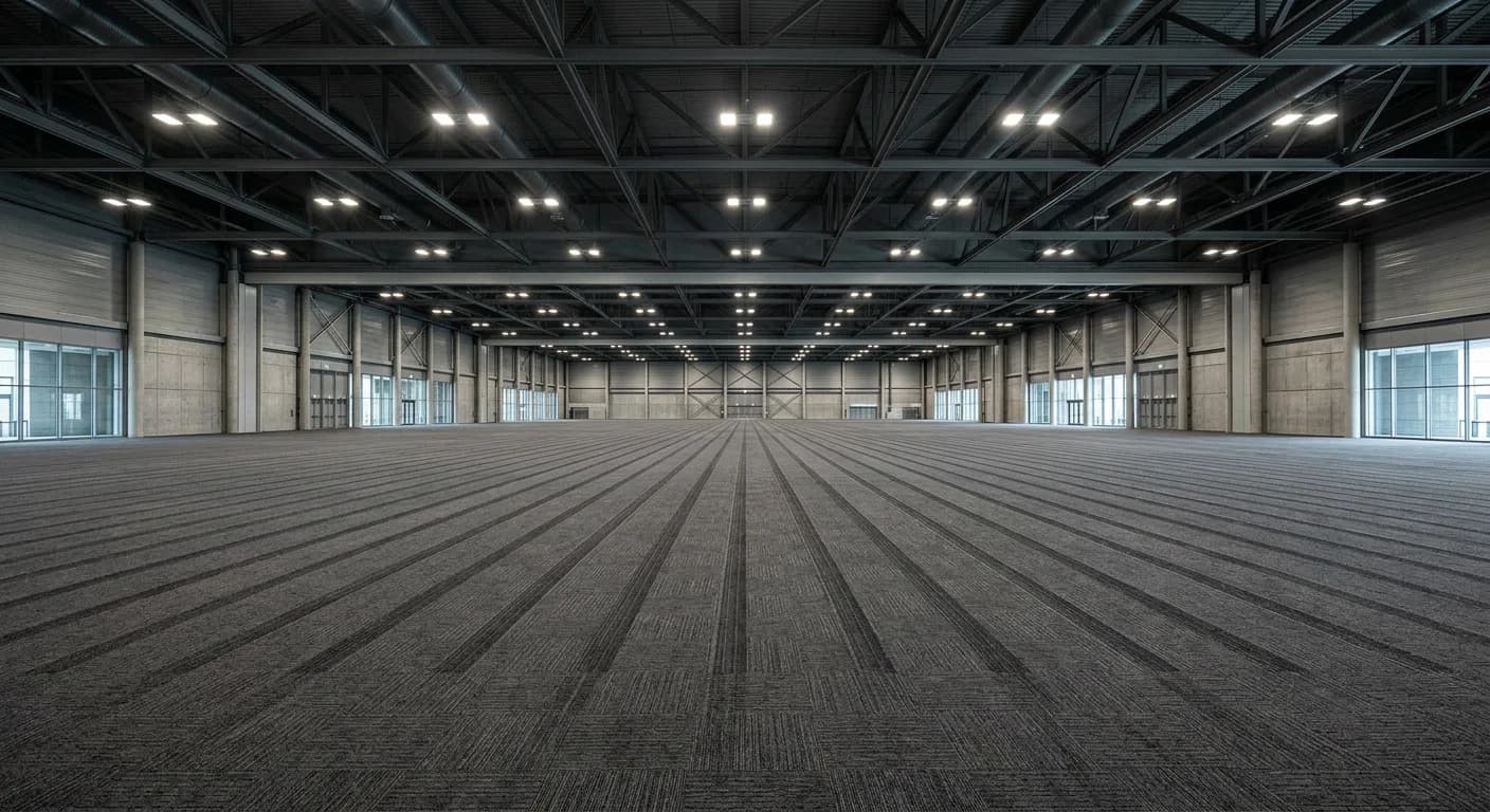 Vast convention hall carpet with long straight parallel cleaning tracks running into the distance
