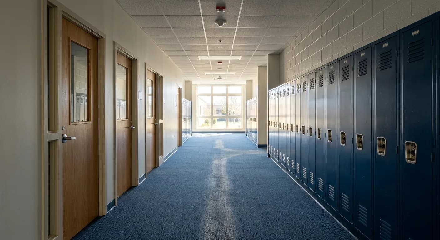 Empty school corridor with lockers and a worn band running down the centre of the blue commercial carpet