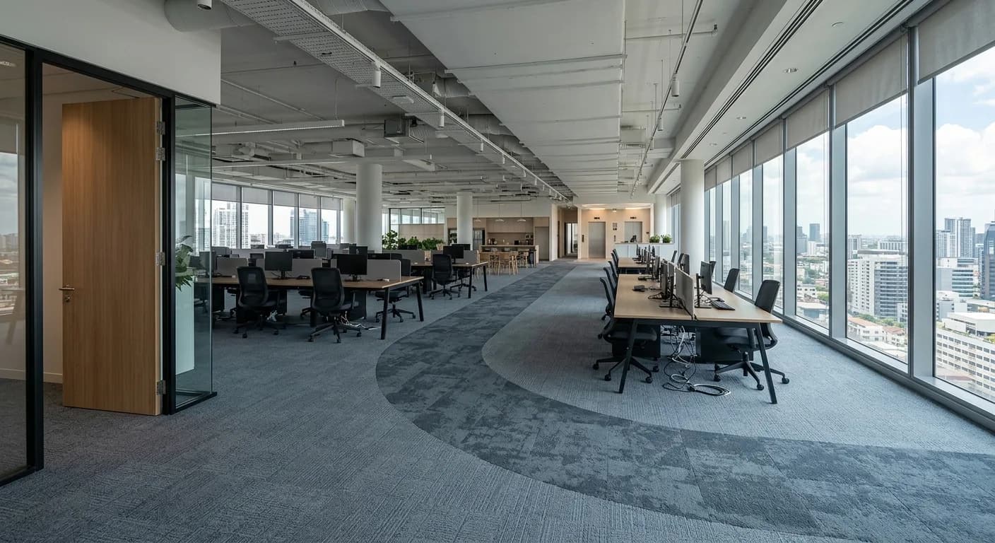 Open-plan office floor with a visibly darker traffic path curving across the carpet from a doorway to the lift lobby