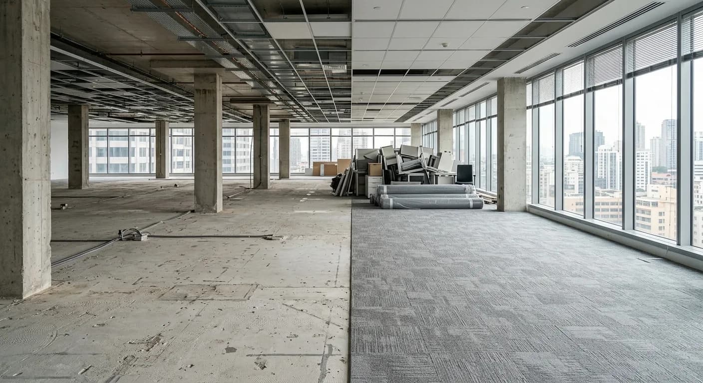 Office floor mid-refurbishment with old carpet stripped to bare concrete beside remaining carpet tile
