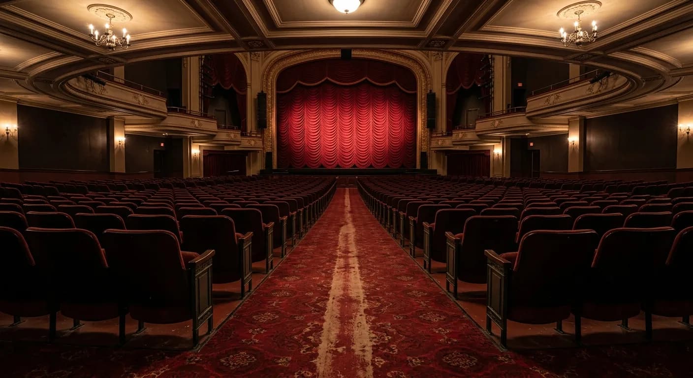Empty theatre auditorium with a red aisle carpet showing a worn band running down its centre toward the stage