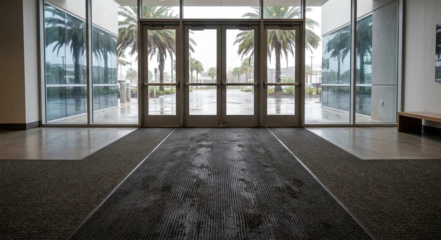 Long walk-off matting run inside glass entrance doors on a rainy day, with cleaner carpet beyond it