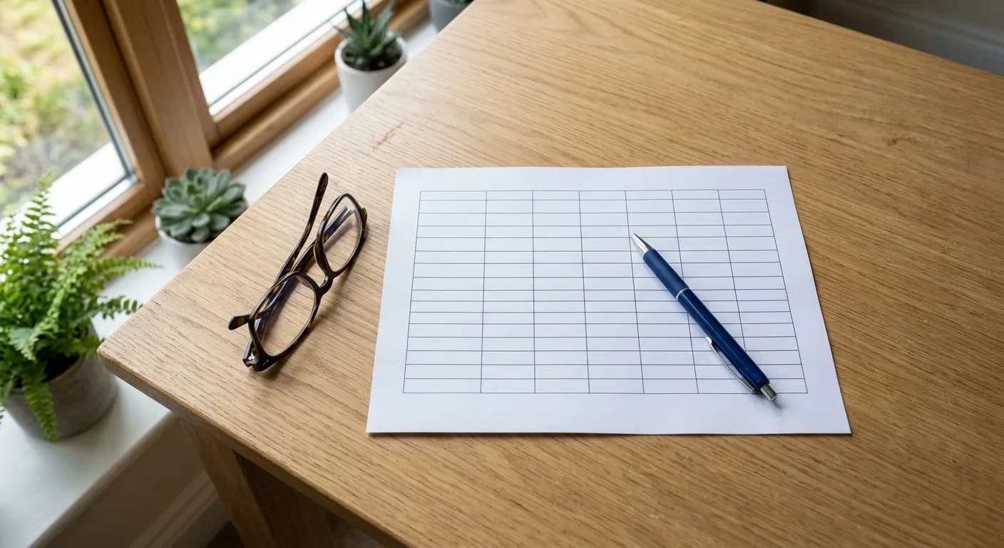 Printed blank ruled proposal spreadsheet on a desk with a pen and reading glasses