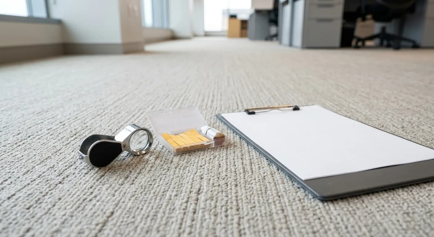Magnifying loupe, pH test strips and a blank clipboard form resting on commercial carpet during an inspection