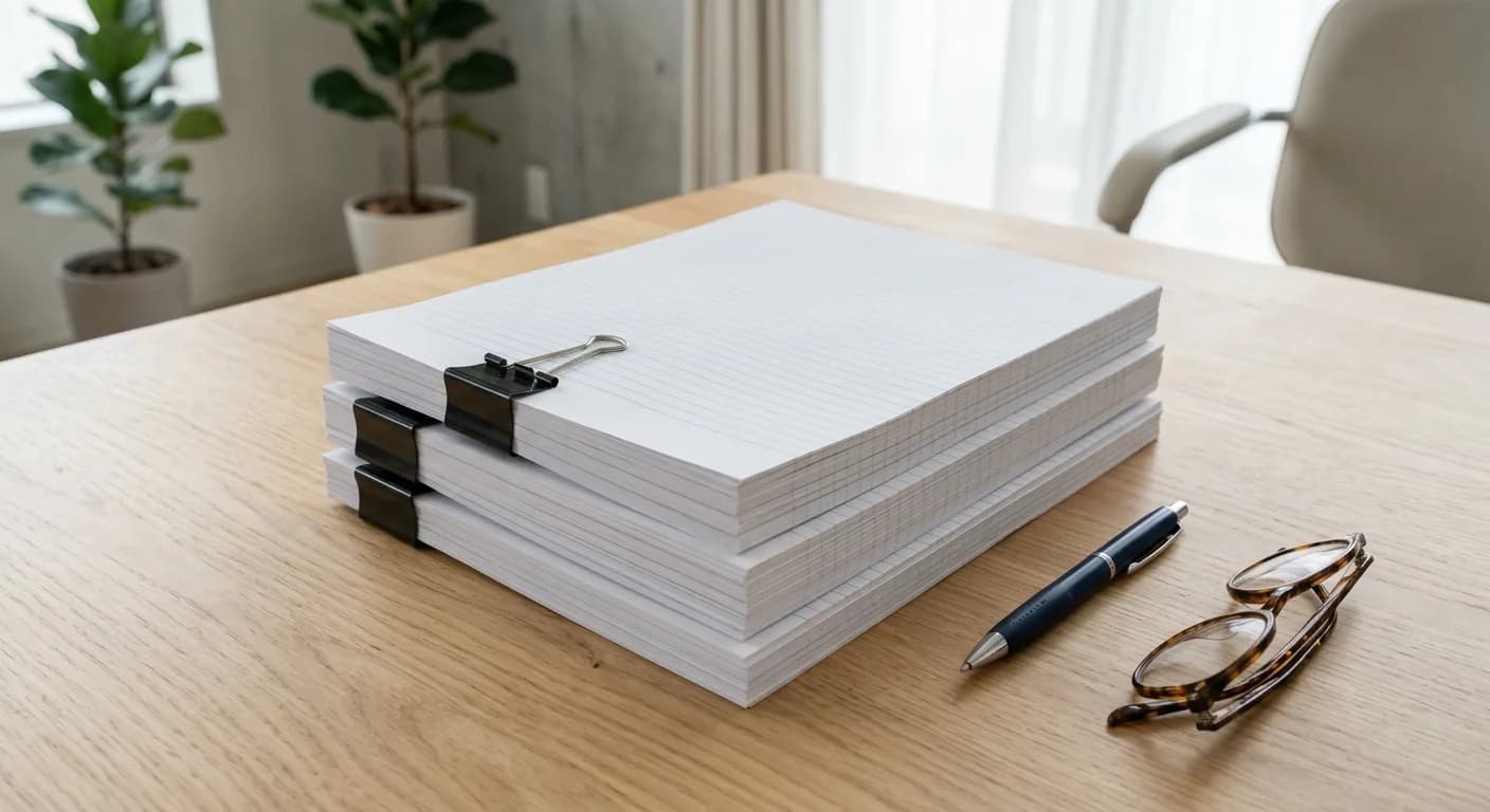 Three clipped bundles of blank printed tender documents stacked on a desk with a pen and glasses