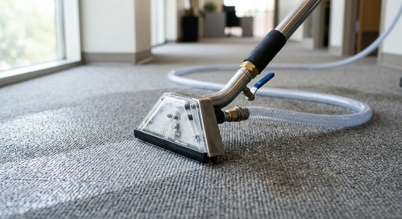 Carpet cleaning wand head resting on damp commercial carpet showing a clean straight pass