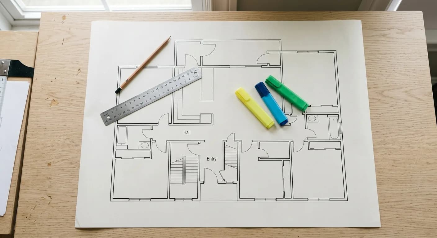 Blank printed floor plan on a desk with a pencil, ruler and coloured highlighters
