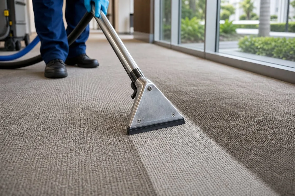 Close-up of carpet extraction cleaning a Broward County high traffic lane