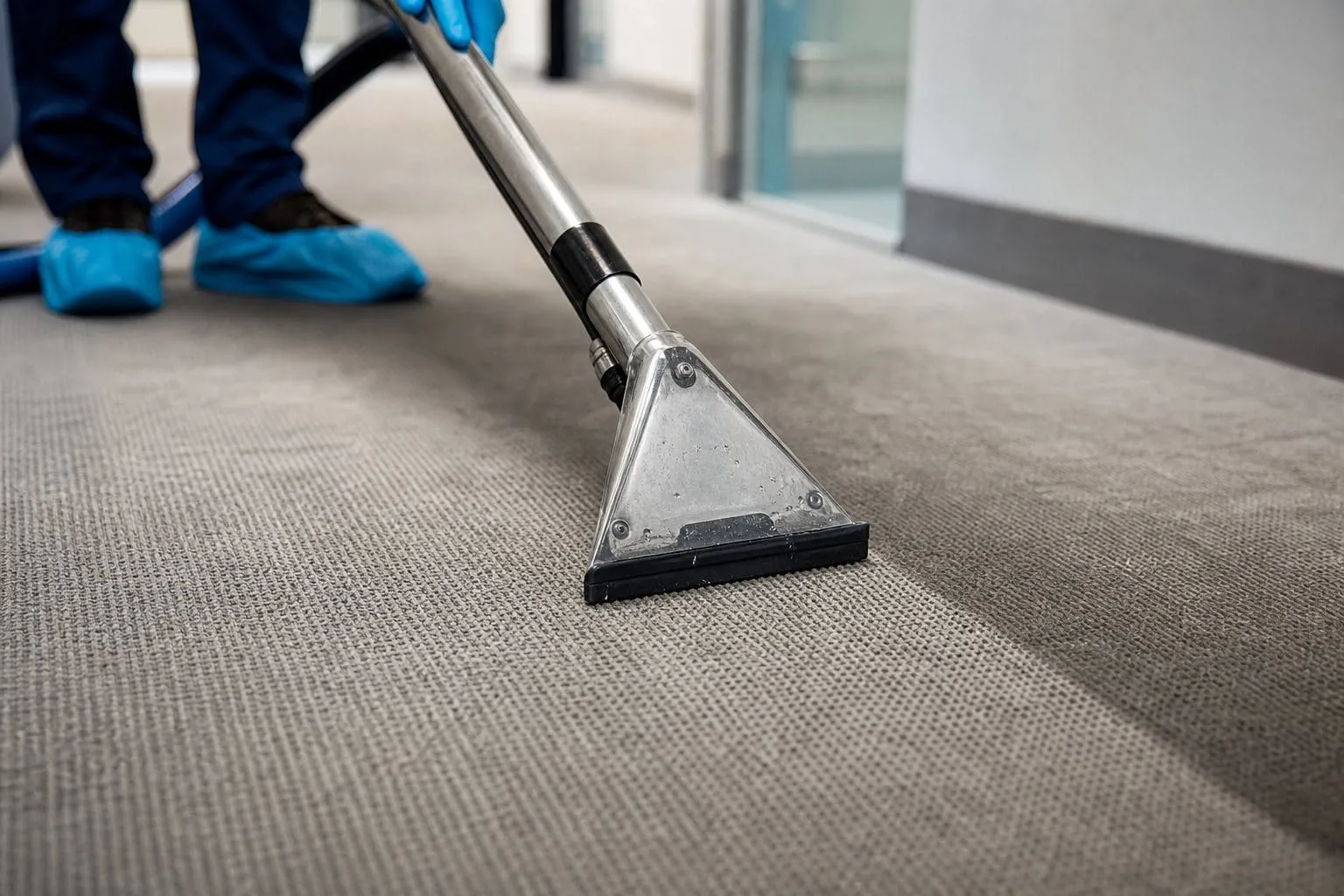 Close-up of commercial carpet extraction cleaning a high traffic lane