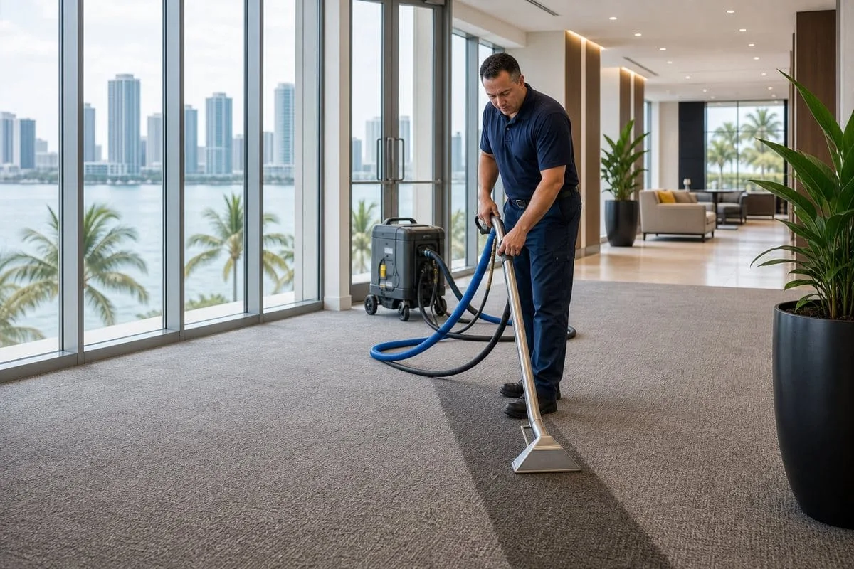 Commercial carpet cleaning in a Miami-Dade office lobby traffic lane