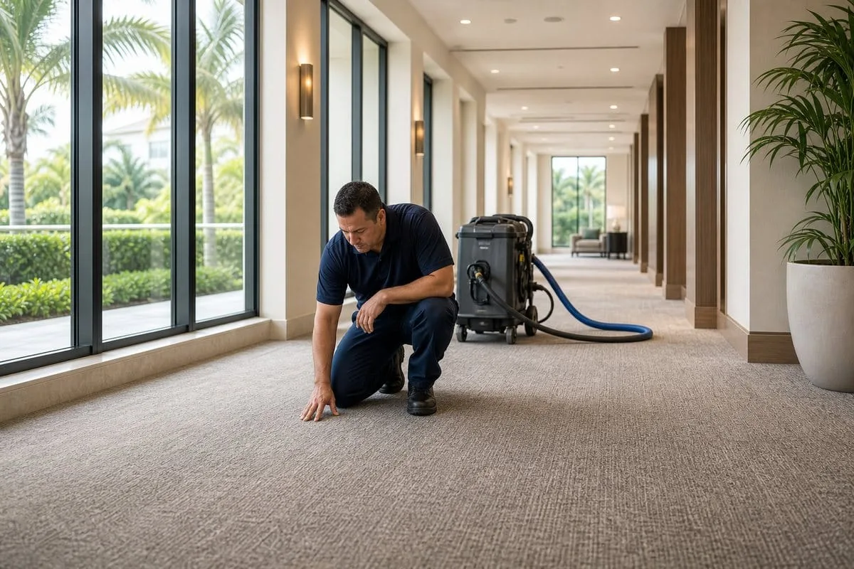 Technician inspecting cleaned commercial carpet in a Palm Beach County corridor