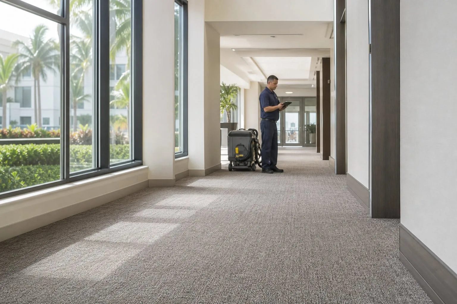 Commercial floor maintenance inspection in a clean South Florida facility corridor