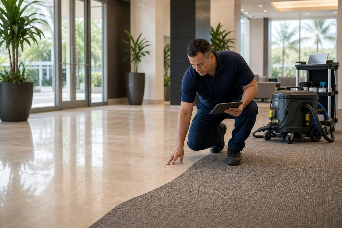 Technician inspecting carpet and tile flooring in a South Florida commercial facility