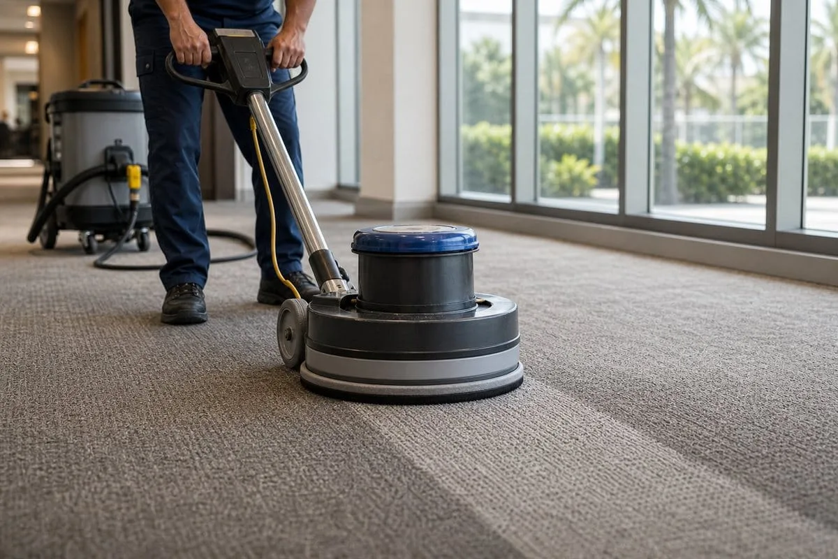 Low-moisture carpet cleaning machine cleaning a South Florida commercial carpet